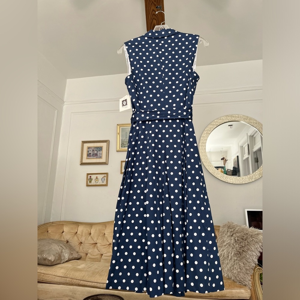 Anne Klein Cotton Dress Navy Blue Polka Dot Belted Fit & Flare Cadet Combo NWT - Picture 6 of 12